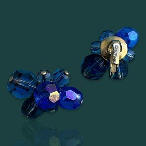 Hattie Carnegie GLASS AB CRYSTAL Blue Beaded Clip On Earrings Aurora Borealis